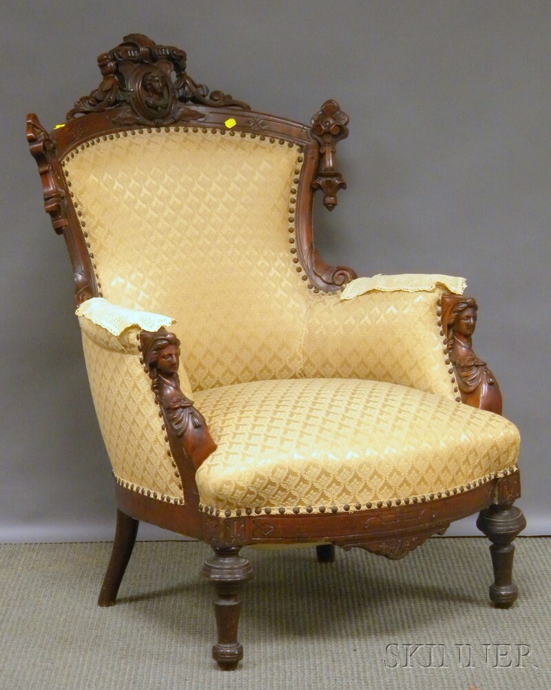 Appraisal: Victorian Renaissance Revival Upholstered Carved Walnut Parlor Armchair