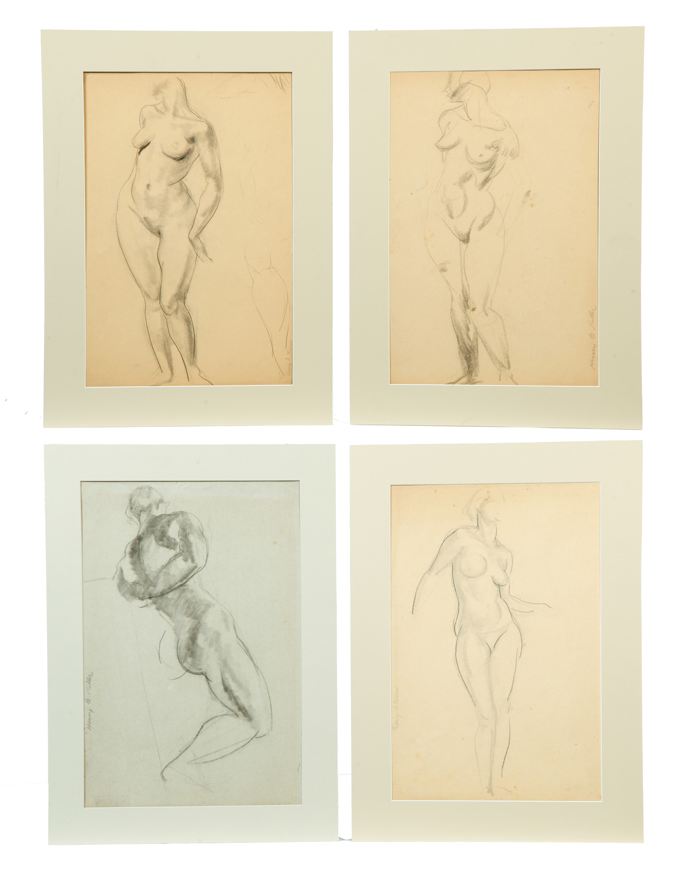 Appraisal: FOUR CHARCOAL SKETCHES BY HENRY G KELLER American nd quarter-