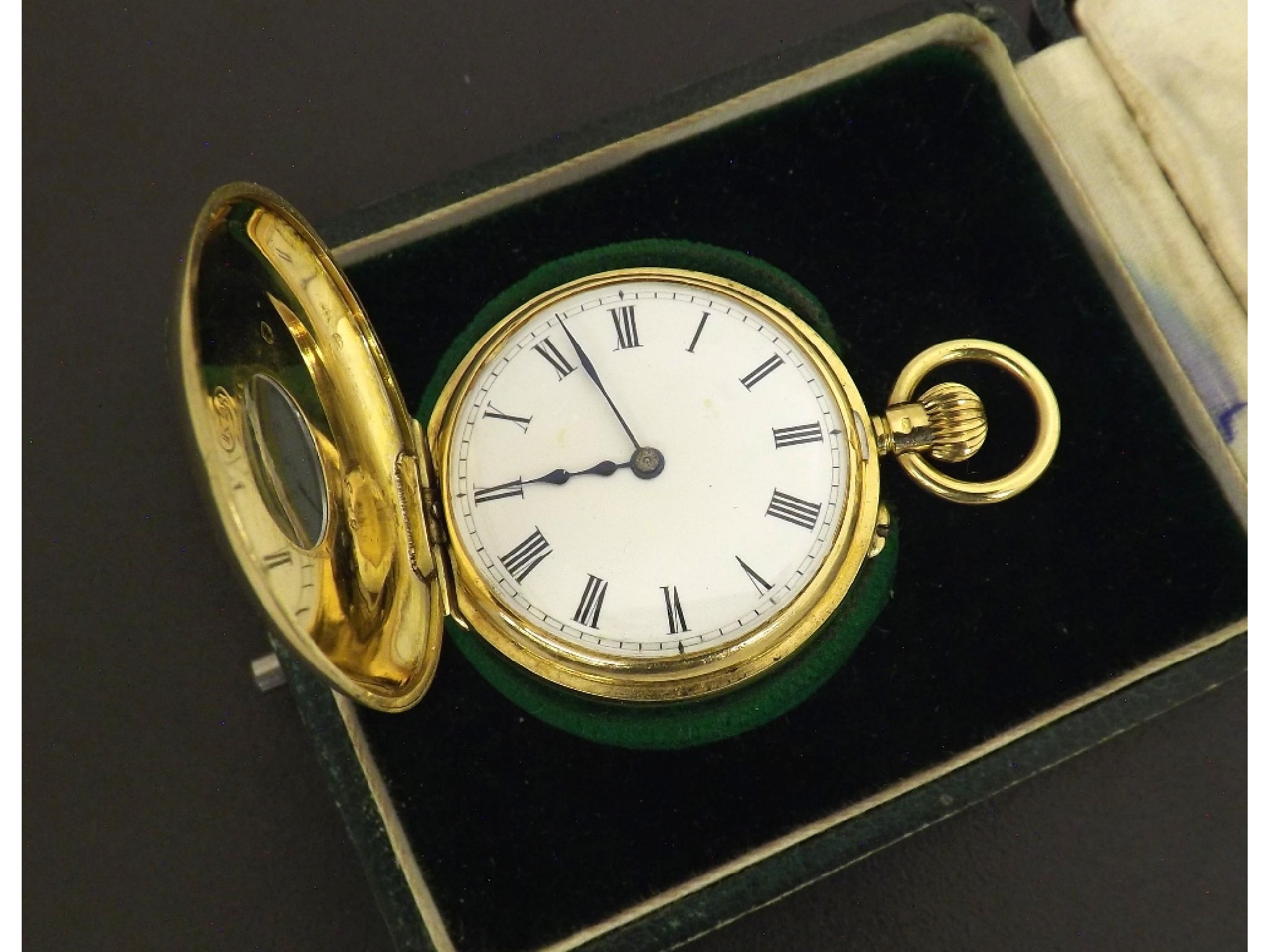 Appraisal: Continental k cylinder half hunter fob watch frosted gilt bar