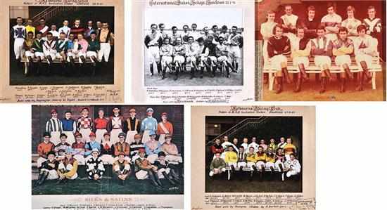 Appraisal: FIVE GROUP PHOTOGRAPHS OF JOCKEYS including two hand coloured photographs