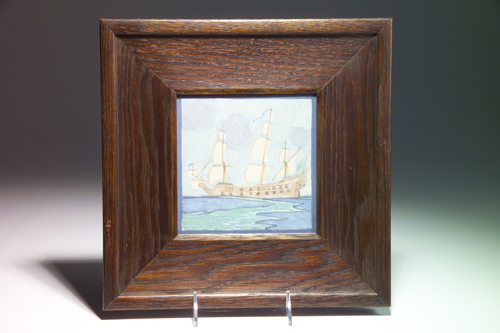 Appraisal: MARBLEHEAD tile painted with a three-masted tall ship in brown