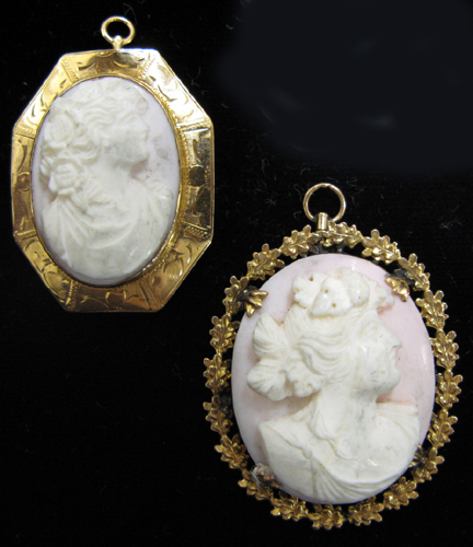 Appraisal: TWO VICTORIAN PORTRAIT CAMEO BROOCHES each a pink shell cameo