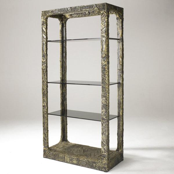 Appraisal: STYLE OF PAUL EVANS Three-tiered etagere in bronze and smoked