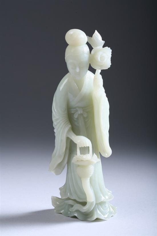 Appraisal: CHINESE CELADON JADE FIGURE OF MEIREN Standing wearing long robes