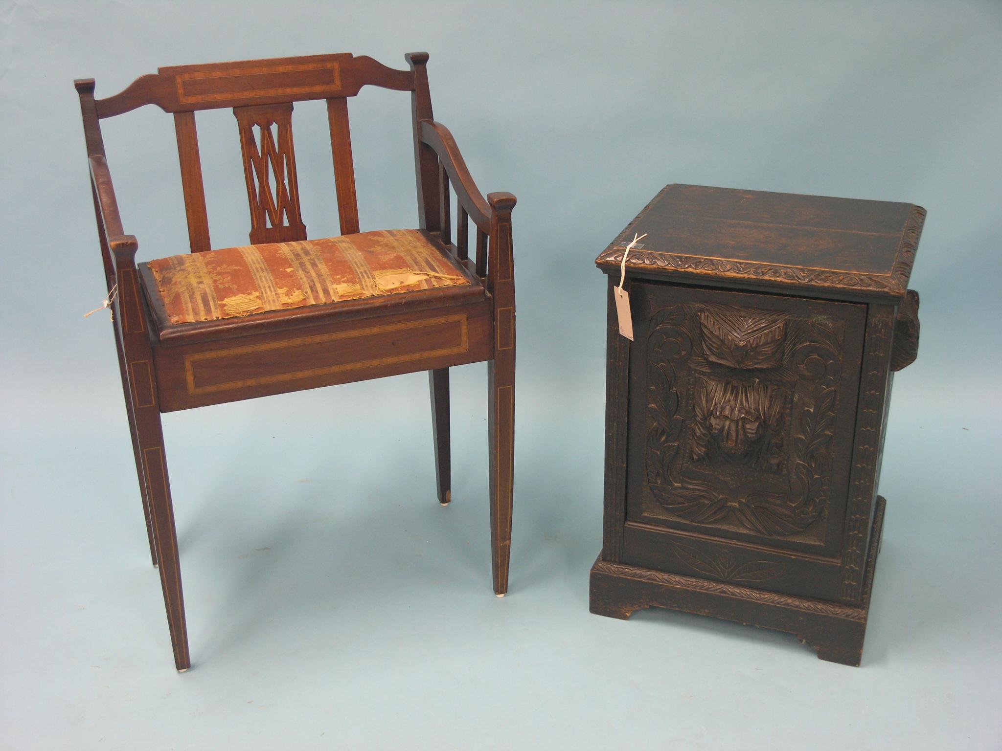 Appraisal: An Edwardian inlaid mahogany piano seat and a Victorian dark