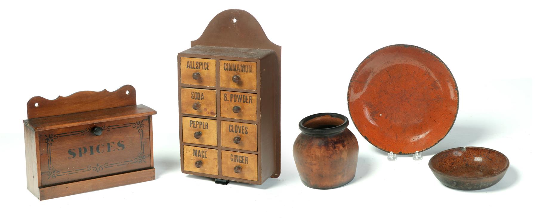 Appraisal: TWO AMERICAN SPICE CABINETS AND THREE PIECES OF REDWARE Nineteenth-