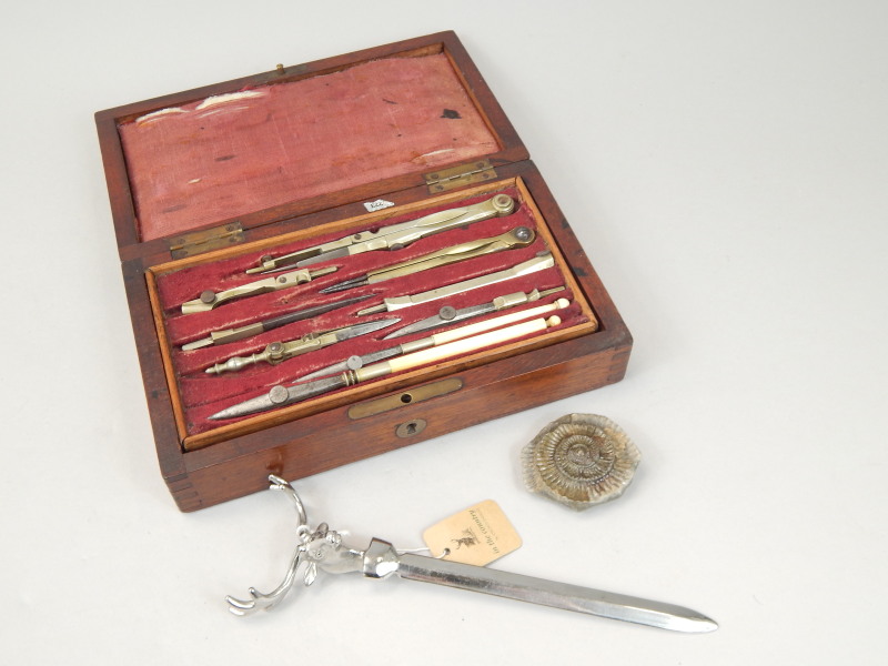 Appraisal: A quantity of drawing instruments a modern novelty paper knife