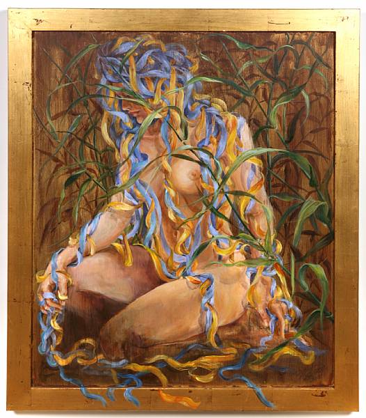 Appraisal: Yolanda Castano th century Nude with Yellow and Blue Ribbons