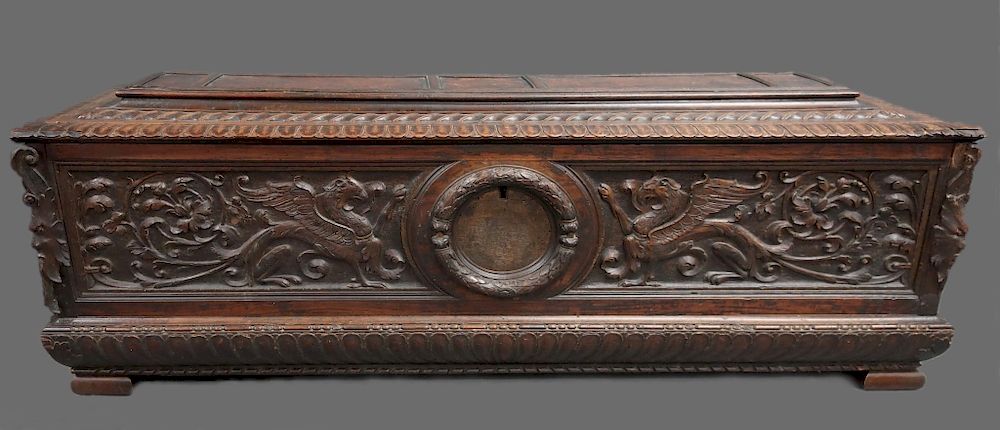 Appraisal: Italian Walnut Carved Cassone Italian walnut cassone with extensive relief