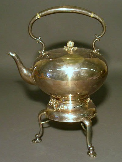 Appraisal: Silverplate hot water kettle on stand with burner h