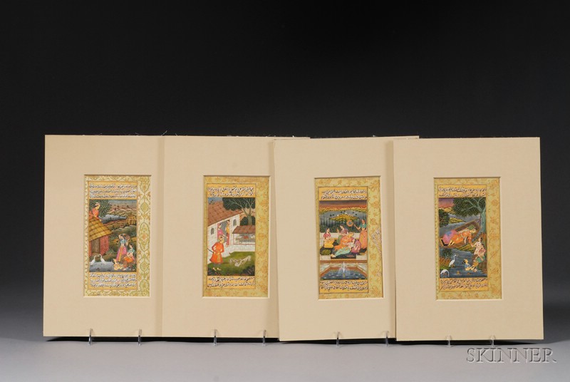 Appraisal: Four Miniature Paintings India ink colors and gilt on heavy