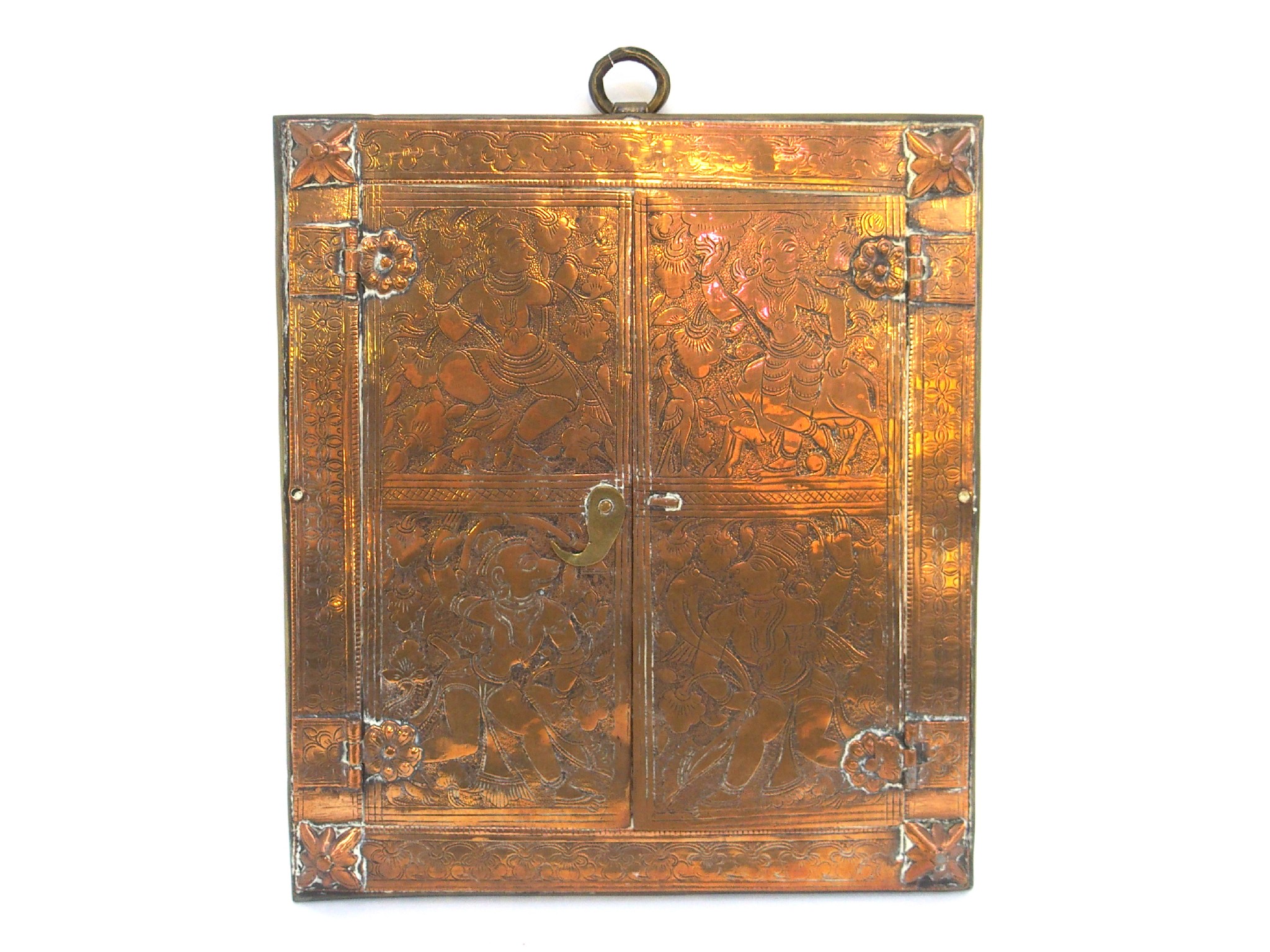 Appraisal: Indian copper cased travelling mirror with incised decoration of figures