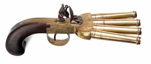 Appraisal: Contempory duck foot four-barrel flintlock pistol with engraved brass barrels