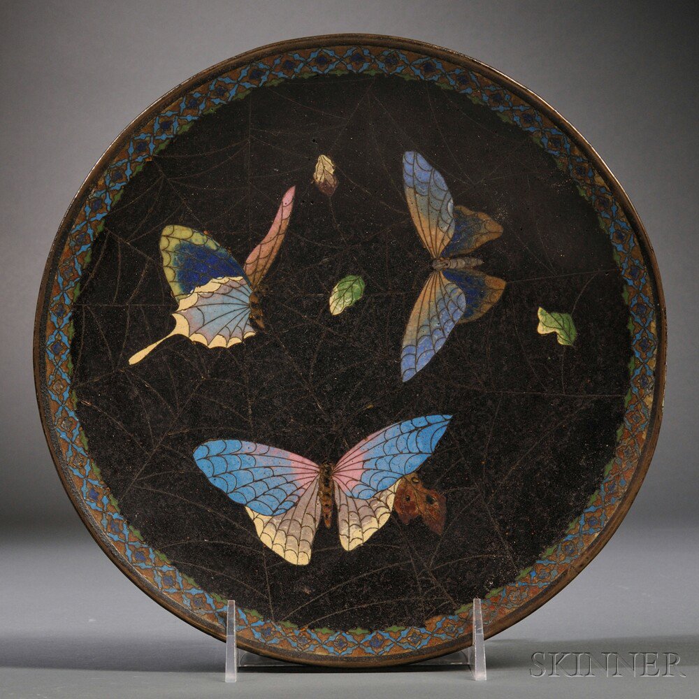 Appraisal: Cloisonne Plate Japan depicting three butterflies caught in a spider