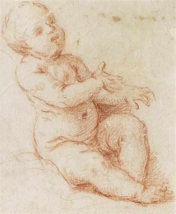 Appraisal: ITALIAN th c -Seated putto Sanguine drawing x cm Framed