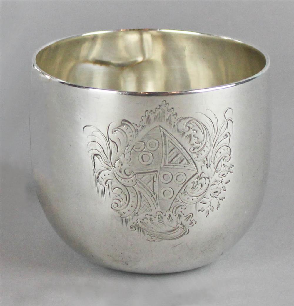 Appraisal: GEORGE II SILVER ARMORIAL TUMBLER CUP London maker's mark of