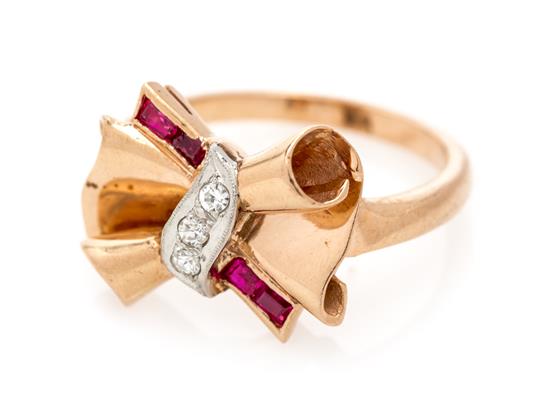 Appraisal: Sale Lot A Rose Gold Diamond and Ruby Bow Ring