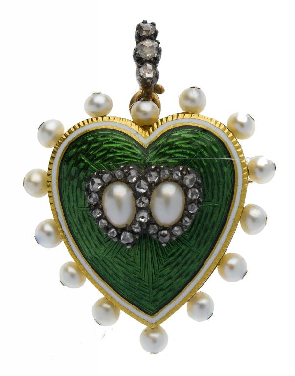 Appraisal: A DIAMOND SEED PEARL GOLD AND EMERALD GREEN GUILLOCHE ENAMEL