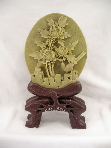 Appraisal: Carved Soapstone Plaque on stand Carved oval plaque depicting birds