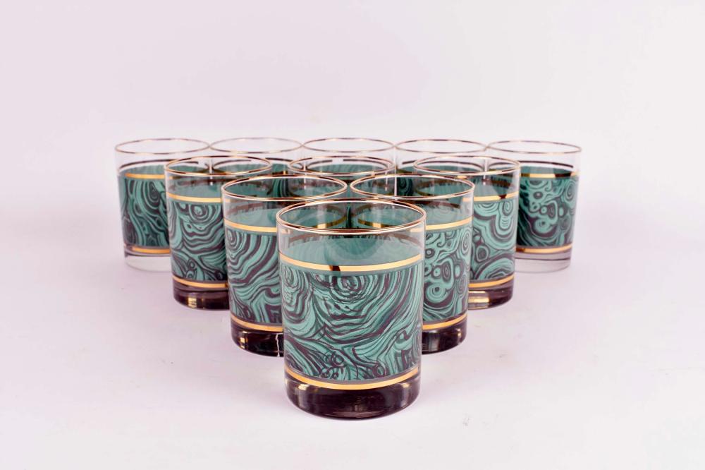 Appraisal: SET OF ELEVEN FAUX MALACHITE DECORATED TUMBLERSWith gilt highlights Height