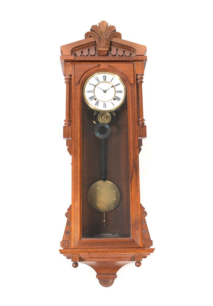 Appraisal: Walnut Victorian Ansonia Hanging Regulator Clock Walnut Victorian Ansonia Hanging