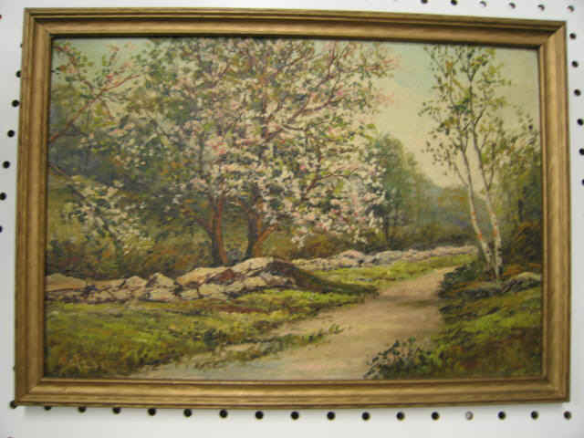 Appraisal: Landscape of Birch Along a Path signed Matzov oil on