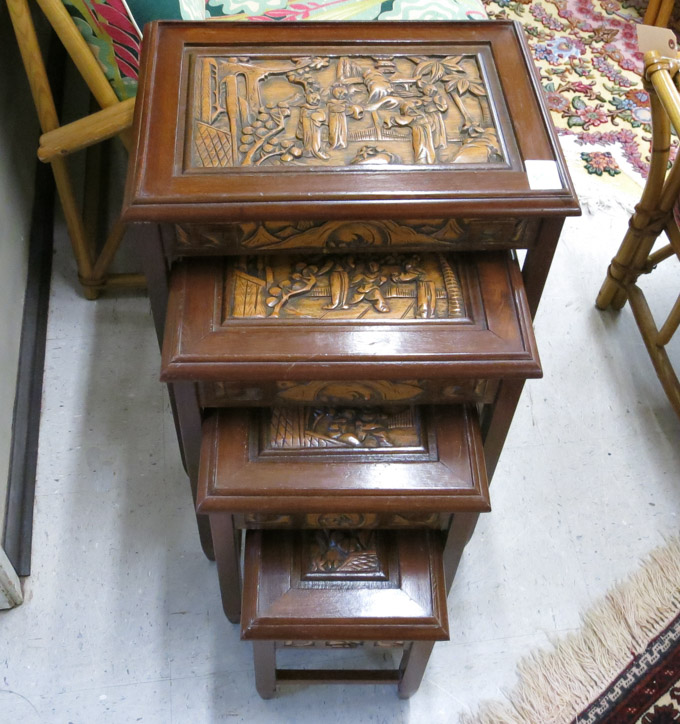 Appraisal: CARVED TEAKWOOD NESTING TABLE SET Hong Kong th century the