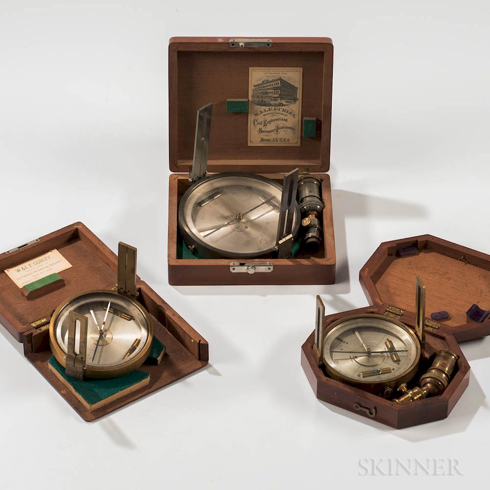 Appraisal: Three Cased W L E Gurley Pocket Compasses Three Cased