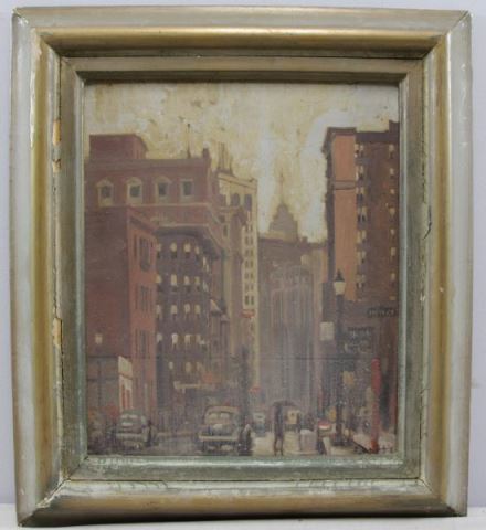 Appraisal: Illegibly Signed Oil on Masonite New York CityStreet Scene Signed