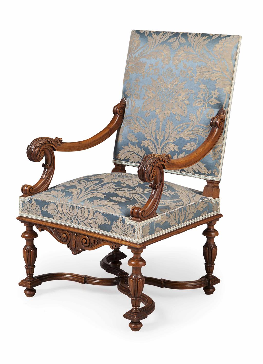 Appraisal: CONTINENTAL WALNUT ARMCHAIR LATE TH CENTURY the upholstered back and