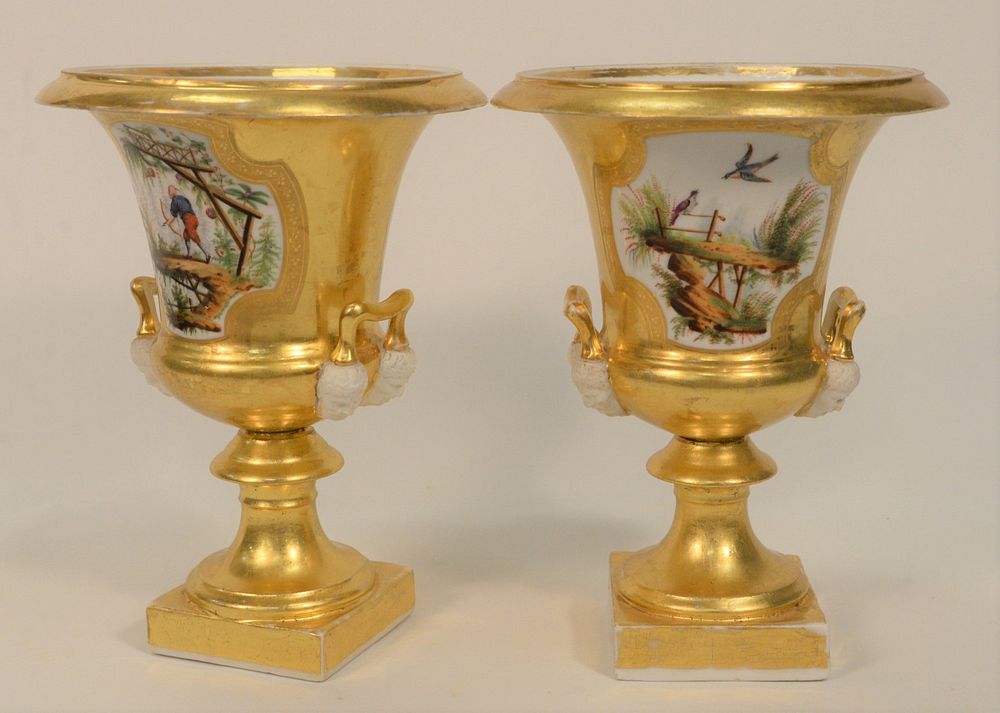 Appraisal: Pair Paris Porcelain Urns each with overall gilt decoration and