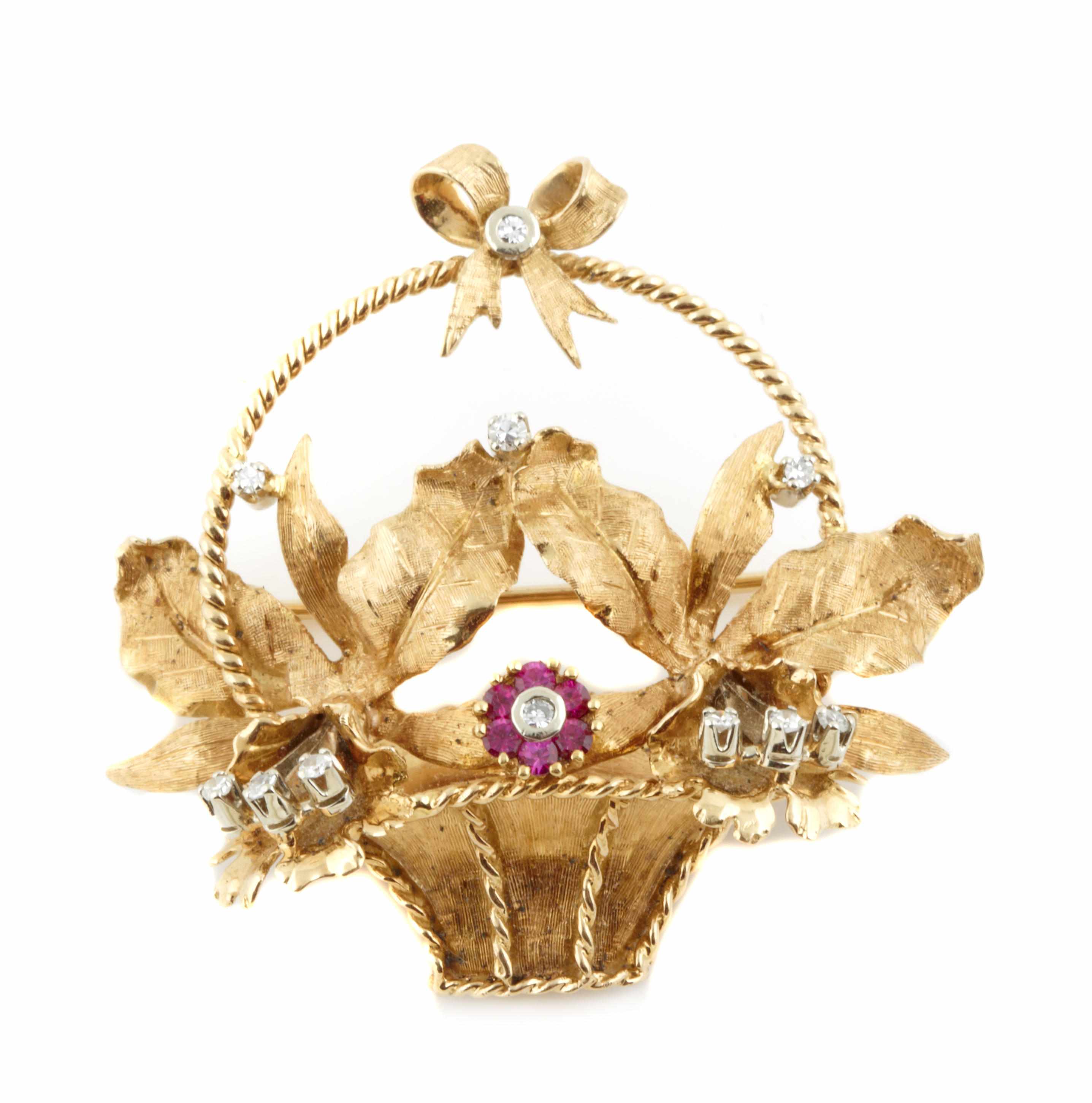 Appraisal: A ruby diamond and k gold basket brooch