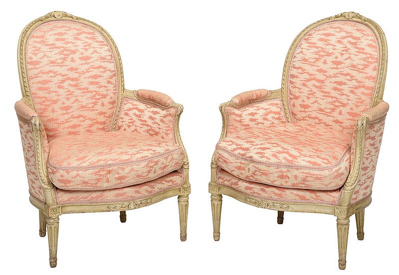 Appraisal: Pair Louis XVI Style Carved Painted Bergeres French or Italian