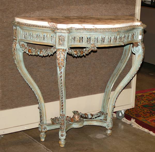 Appraisal: A Louis XVI style blue painted and parcel giltwood marble