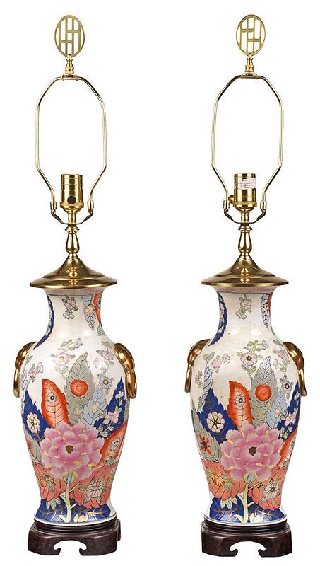 Appraisal: Pair of Tobacco Leaf Vases Converted to Lamps probably Chinese