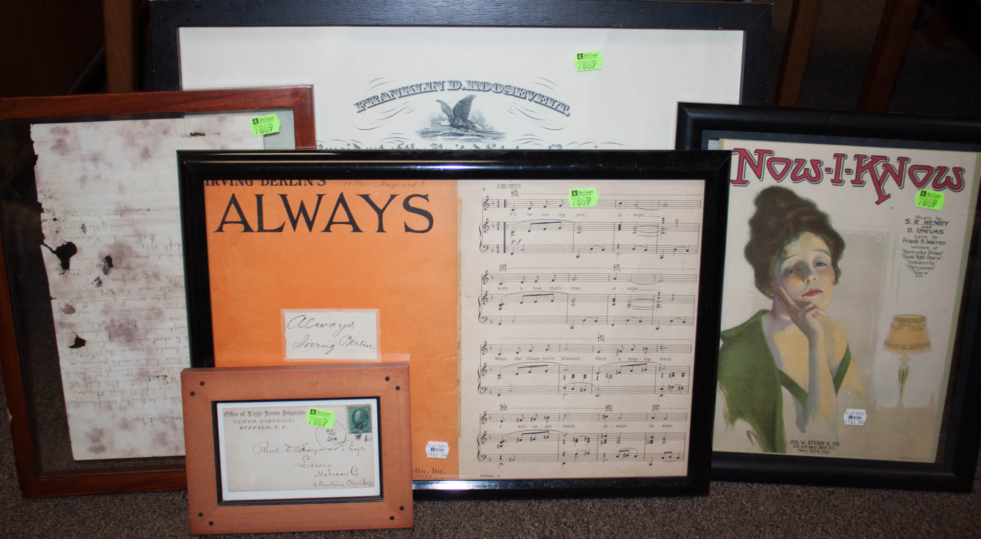 Appraisal: Five framed historical items including signed sheet music lighthouse inspector