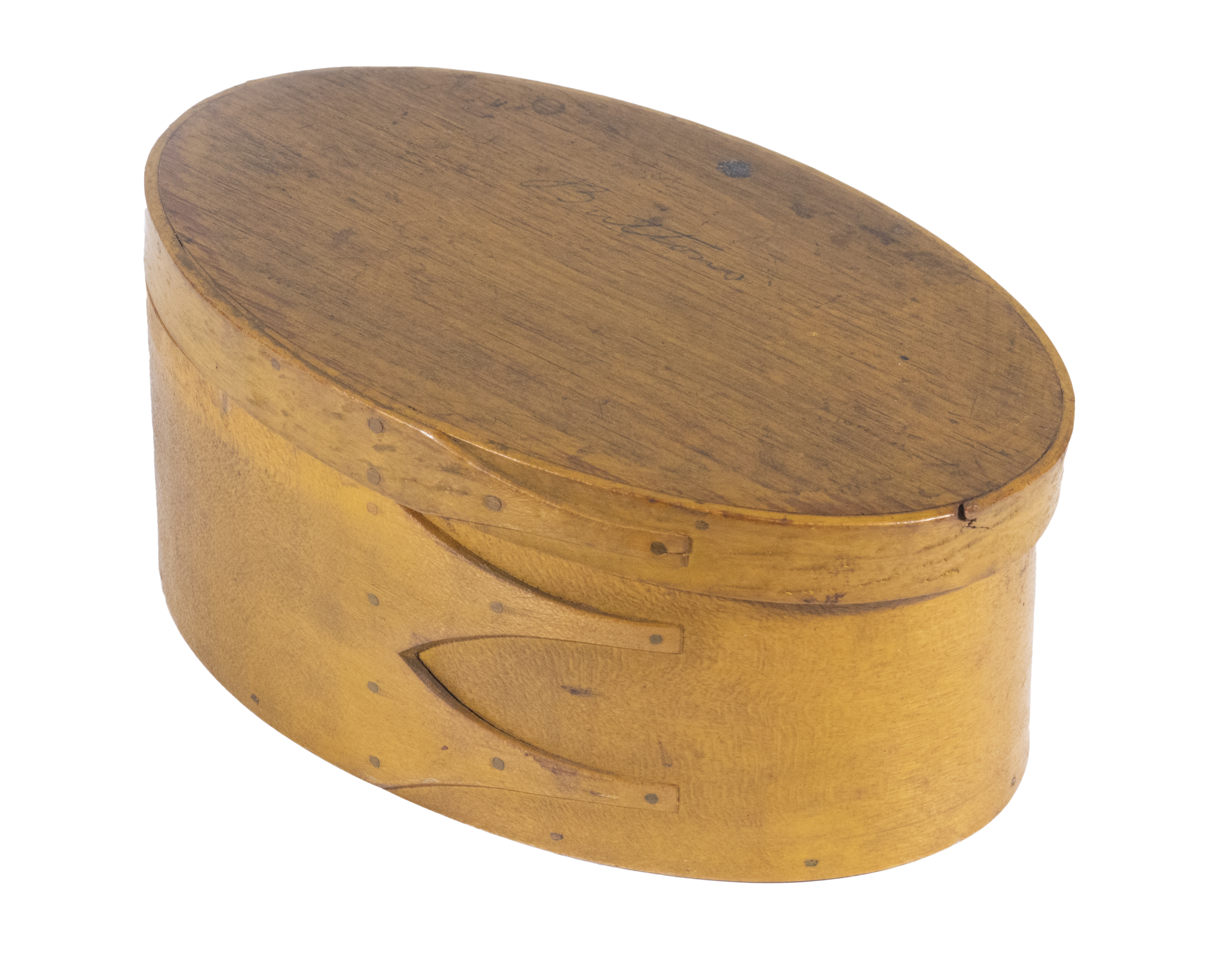 Appraisal: OVAL SHAKER BOX th c Chrome Yellow Three-Finger Pantry Box