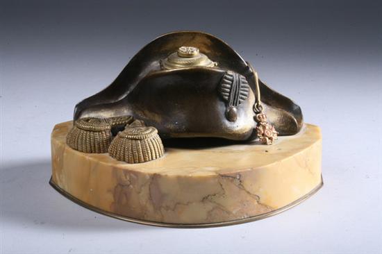 Appraisal: FRENCH NAPOLEONIC-THEMED MARBLE AND BRONZE INKWELL th- th century Shaped