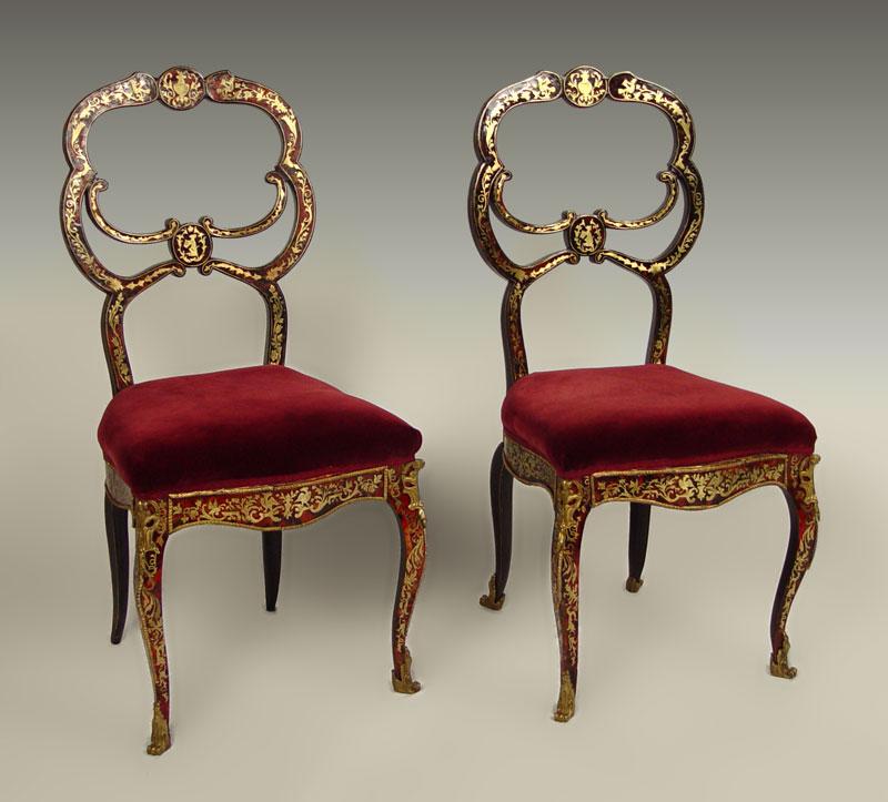 Appraisal: PAIR OF BOULLE INLAY SIDE CHAIRS Delicate ballroom style with