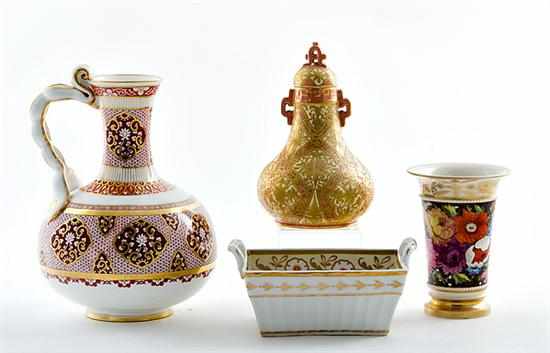 Appraisal: English porcelain vases and basket th century Derby gilt rose