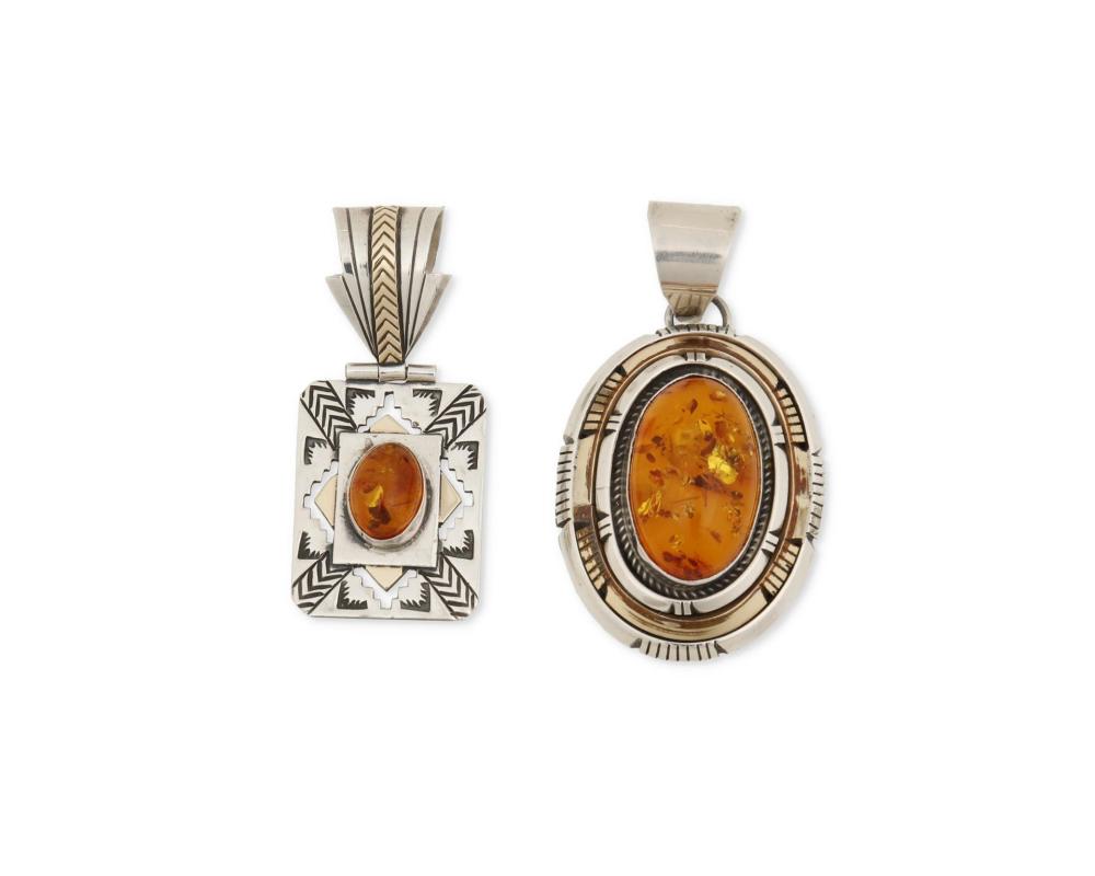 Appraisal: Two Southwest silver and amber pendants Second Half th Century