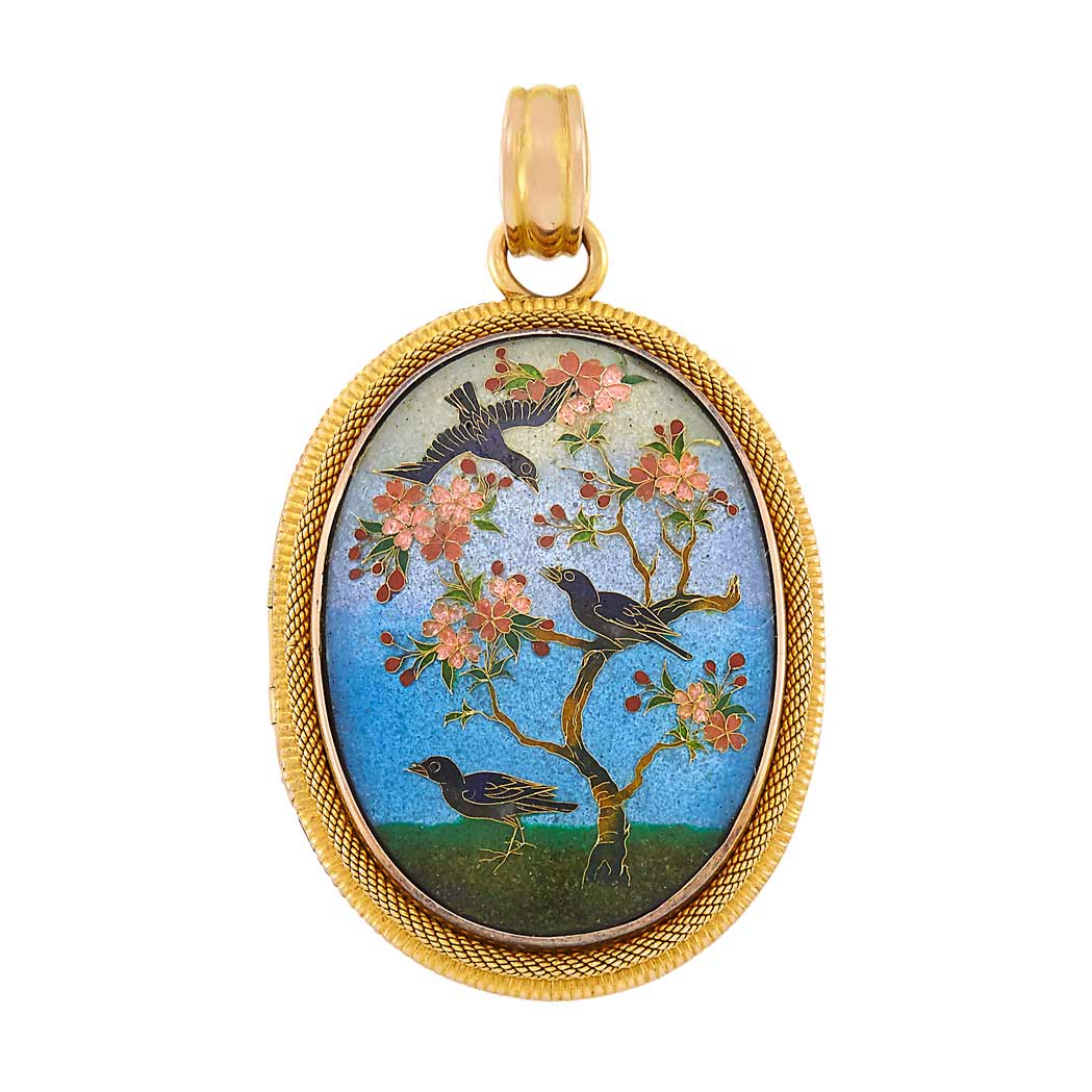 Appraisal: Antique Gold and Double-Sided Cloisonne Enamel Locket Japanese motif ap