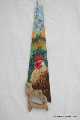 Appraisal: Hand Painted Hand Saw of Rooster SignedFrom an estate is