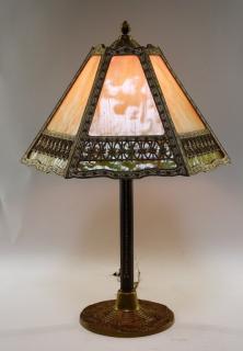 Appraisal: American Art Nouveau Panel Slag Glass Lamp UNITED STATES EARLY