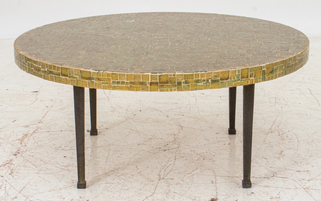 Appraisal: MID-CENTURY GLASS MOSAIC LOW COFFEE TABLE Mid-century gold-toned glass mosaic