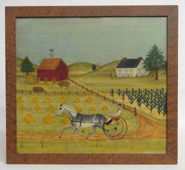 Appraisal: Theorem on velvet farm scene signed ''Bill Rank'' Pa -