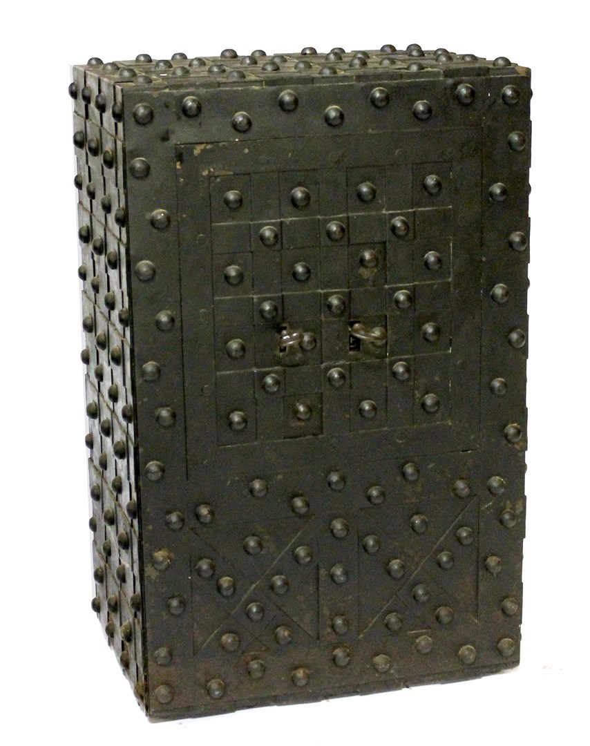 Appraisal: A black painted iron Armada style safe box with rivet