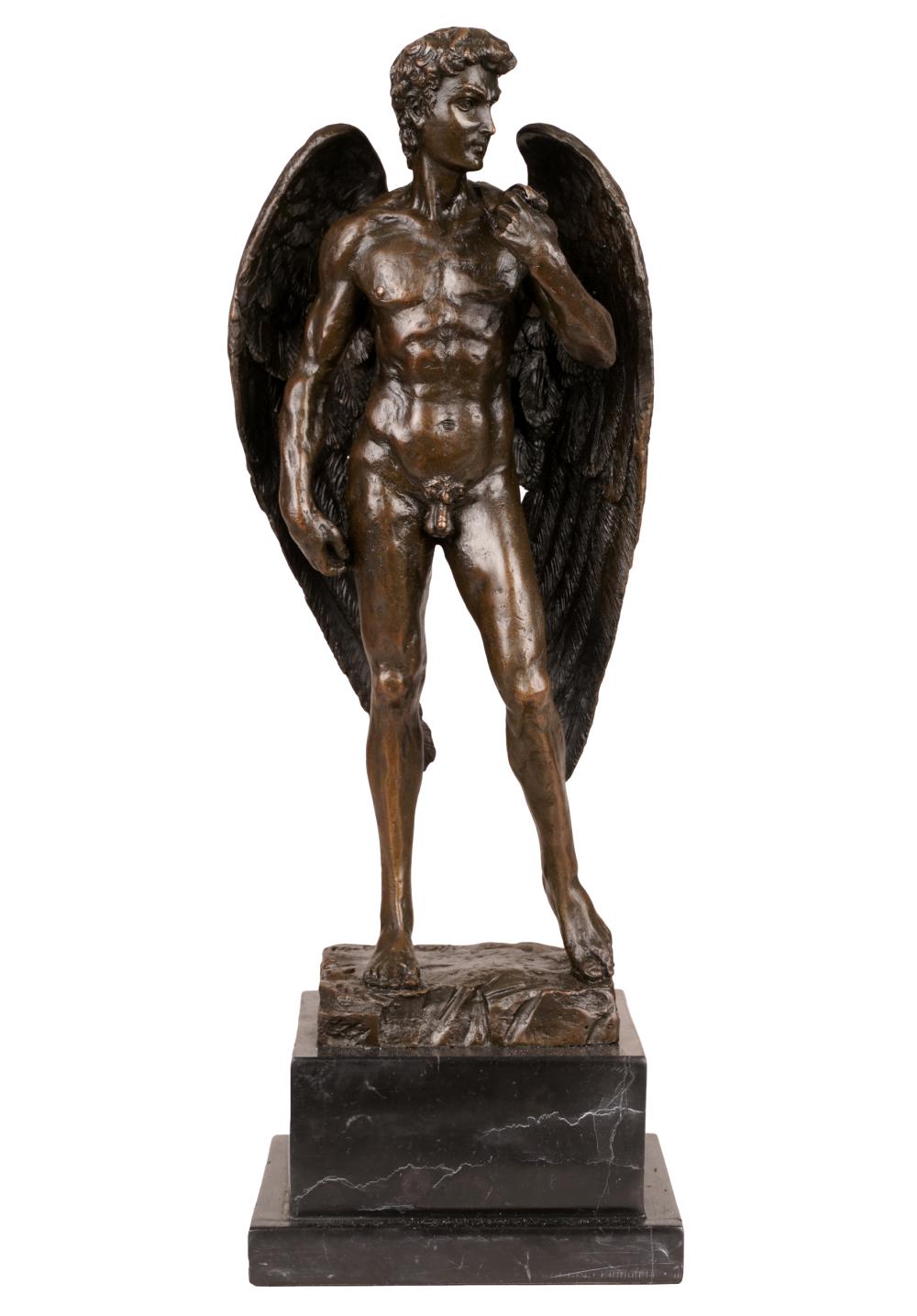 Appraisal: AFTER MICHELANGELO WINGED DAVIDpatinated bronze on an integral base mounted