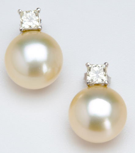 Appraisal: Large South Sea light golden pearl and diamond earrings each