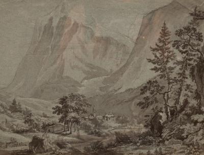 Appraisal: th Century School Alpine Valley watercolour en grisaille cm x